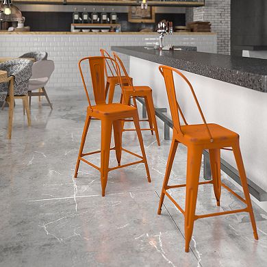 Flash Furniture 24" High Distressed Metal Indoor-Outdoor Counter Height Stool with Back