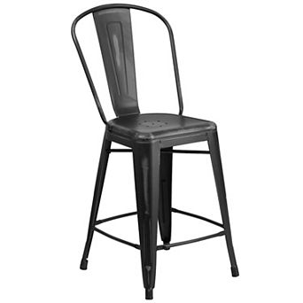 Flash Furniture 24" High Distressed Metal Indoor-Outdoor Counter Height Stool with Back