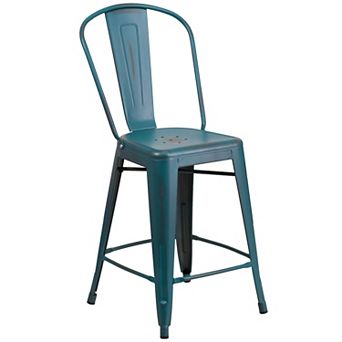 Flash Furniture 24" High Distressed Metal Indoor-Outdoor Counter Height Stool with Back