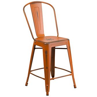 Flash Furniture 24" High Distressed Metal Indoor-Outdoor Counter Height Stool with Back