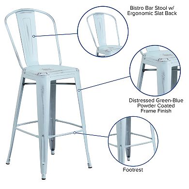 Flash Furniture 30" High Distressed Metal Indoor-Outdoor Barstool with Back