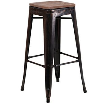 Flash Furniture 30" High Backless Metal Barstool with Square Wood Seat