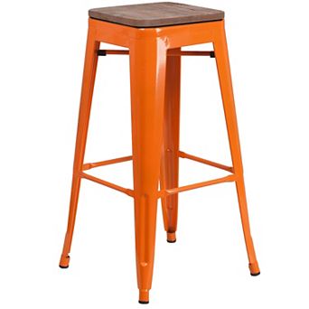 Flash Furniture 30" High Backless Metal Barstool with Square Wood Seat
