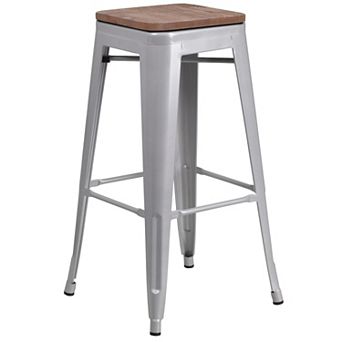Flash Furniture 30" High Backless Metal Barstool with Square Wood Seat