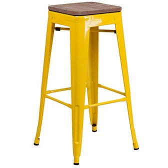 Flash Furniture 30" High Backless Metal Barstool with Square Wood Seat