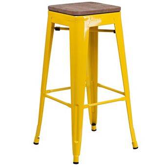 Flash Furniture 30" High Backless Metal Barstool with Square Wood Seat