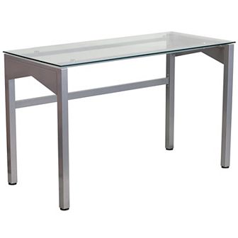 Flash Furniture Contemporary Clear Tempered Glass Desk with Geometric Sides and Silver Frame