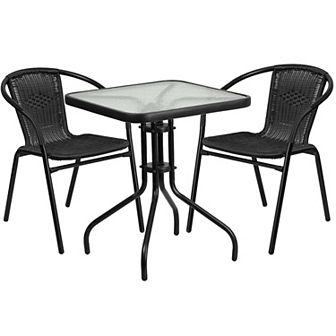 Flash Furniture 23.5" Square Glass Metal Table with 2 Rattan Stack Chairs