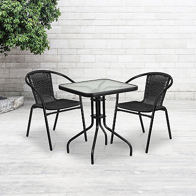 Flash Furniture 23.5" Square Glass Metal Table with 2 Rattan Stack Chairs