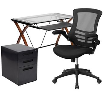 Flash Furniture 3 pc Office Set-Glass Computer Desk, Ergonomic Mesh Office Chair, Filing Cabinet