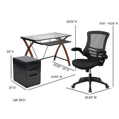 Flash Furniture 3PC Office Set-Glass Computer Desk, Ergonomic Mesh Office Chair, Filing Cabinet
