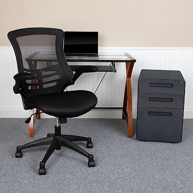 Flash Furniture 3PC Office Set-Glass Computer Desk, Ergonomic Mesh Office Chair, Filing Cabinet