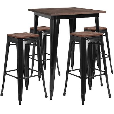 Flash Furniture 31.5" Square Metal Bar Table Set with Wood Top and 4 Backless Stools