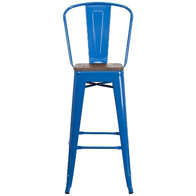 Flash Furniture 30" High Metal Barstool with Back and Wood Seat