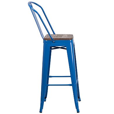 Flash Furniture 30" High Metal Barstool with Back and Wood Seat