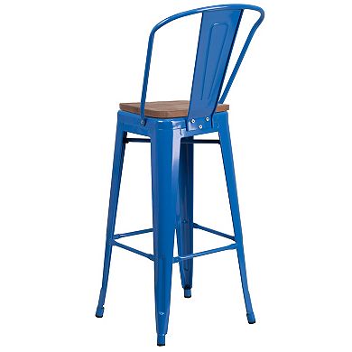 Flash Furniture 30" High Metal Barstool with Back and Wood Seat