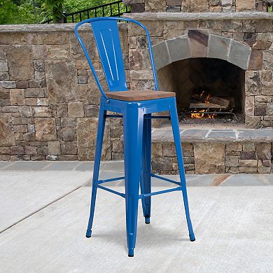 Flash Furniture 30" High Metal Barstool with Back and Wood Seat