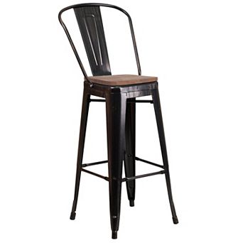 Flash Furniture 30" High Metal Barstool with Back and Wood Seat