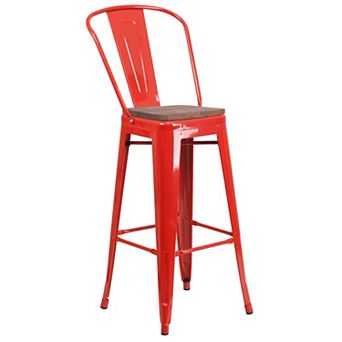 Flash Furniture 30" High Metal Barstool with Back and Wood Seat