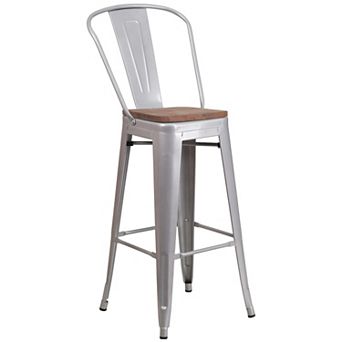 Flash Furniture 30" High Metal Barstool with Back and Wood Seat