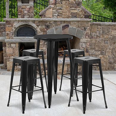 Flash Furniture 24'' Round Metal Indoor-Outdoor Bar Table Set with 4 Square Seat Backless Stools