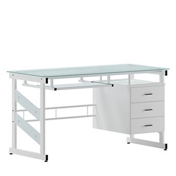 Flash Furniture White Computer Desk with Frosted Glass Top and Three Drawer Pedestal