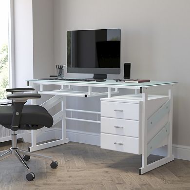 Flash Furniture White Computer Desk with Frosted Glass Top and Three Drawer Pedestal