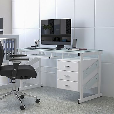 Flash Furniture White Computer Desk with Frosted Glass Top and Three Drawer Pedestal