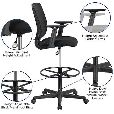 Flash Furniture Mid-Back Mesh Drafting Chair w/ Fabric Seat, Adjustable Foot Ring and Arms