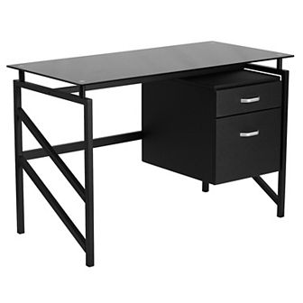 Flash Furniture Two Drawer Pedestal Desk with Tempered Glass Top and Metal Frame