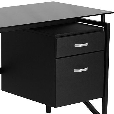 Flash Furniture Two Drawer Pedestal Desk with Tempered Glass Top and Metal Frame