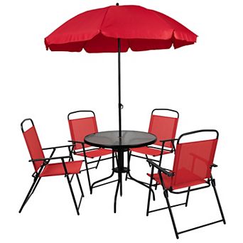Flash Furniture Nantucket 6 pc Patio Garden Set with Table, Umbrella and 4 Folding Chairs