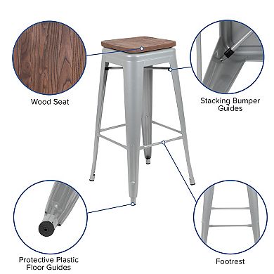 Flash Furniture 4 Pack 30" High Metal Indoor Bar Stool with Wood Seat - Stackable Stool