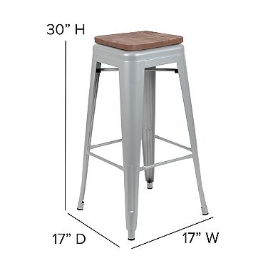 Flash Furniture 4 Pack 30" High Metal Indoor Bar Stool with Wood Seat - Stackable Stool