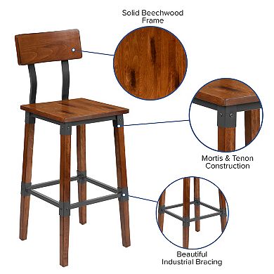 Flash Furniture 2 Pack Commercial Grade Rustic Industrial Style Wood Dining Barstool