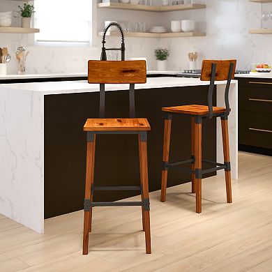 Flash Furniture 2 Pack Commercial Grade Rustic Industrial Style Wood Dining Barstool