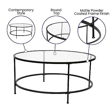 Flash Furniture Glass Living Room Coffee Table with Round Metal Frame