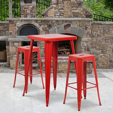 Flash Furniture 23.75'' Square Metal Indoor-Outdoor Bar Table Set with 2 Square Seat Stools