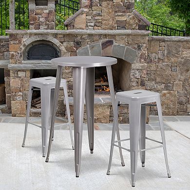 Flash Furniture 24'' Round Metal Indoor-Outdoor Bar Table Set with 2 Square Seat Backless Stools