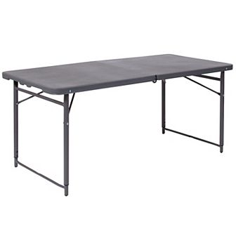 Flash Furniture 4-Foot Height Adjustable Bi-Fold Dark Gray Plastic Folding Table with Handle
