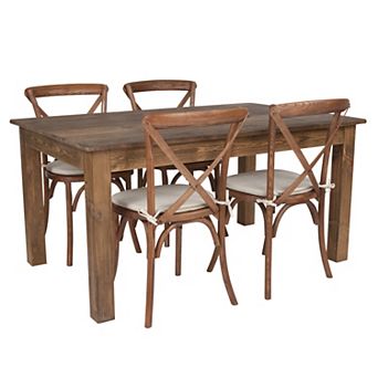 Flash Furniture 60" x 38" Antique Rustic Farm Table Set with 4 Cross Back Chairs and Cushions