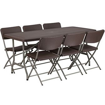 Flash Furniture 5.62-Foot Rattan Indoor-Outdoor Plastic Folding Table Set with 6 Chairs