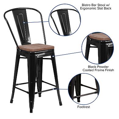 Flash Furniture 24" High Metal Counter Height Stool with Back and Wood Seat
