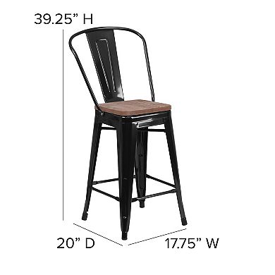 Flash Furniture 24" High Metal Counter Height Stool with Back and Wood Seat