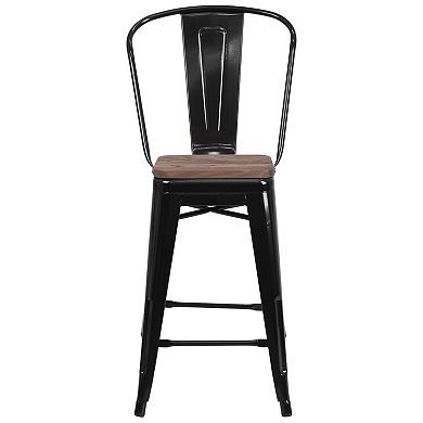 Flash Furniture 24" High Metal Counter Height Stool with Back and Wood Seat