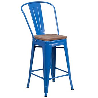 Flash Furniture 24" High Metal Counter Height Stool with Back and Wood Seat