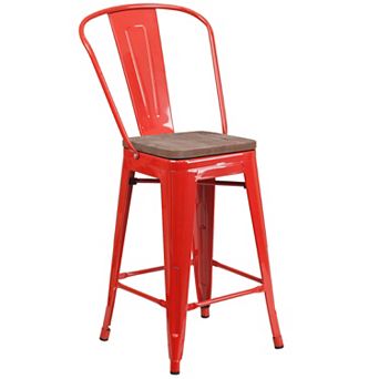 Flash Furniture 24" High Metal Counter Height Stool with Back and Wood Seat