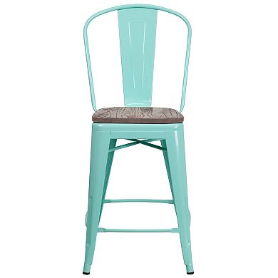 Flash Furniture 24" High Metal Counter Height Stool with Back and Wood Seat