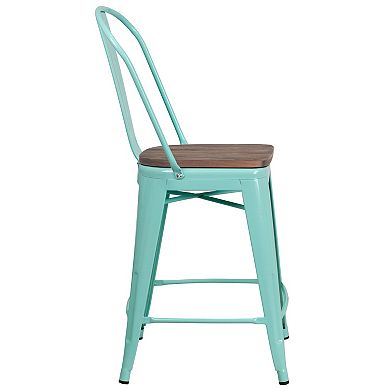 Flash Furniture 24" High Metal Counter Height Stool with Back and Wood Seat