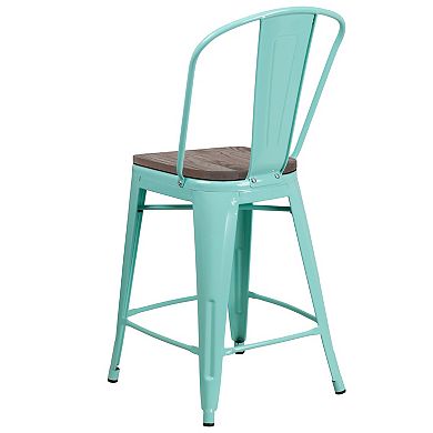 Flash Furniture 24" High Metal Counter Height Stool with Back and Wood Seat